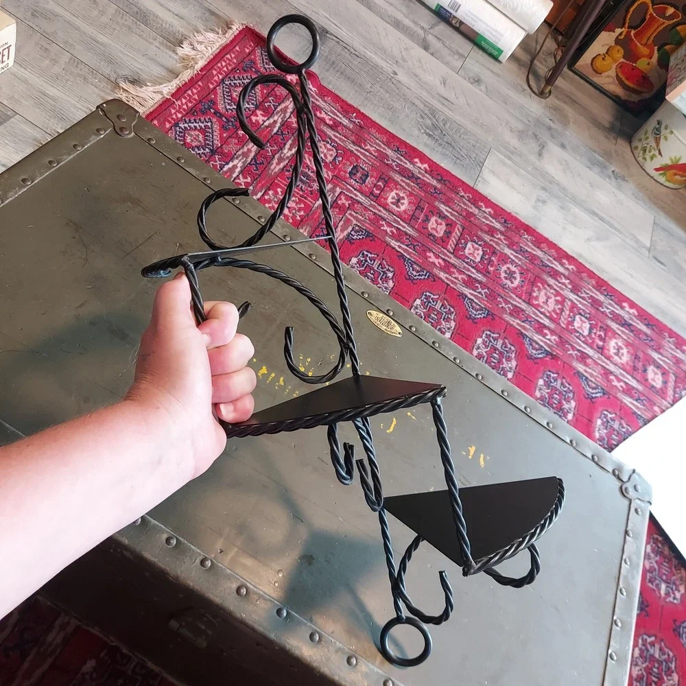 Vintage Black Wrought Iron Spiral Staircase Wall Shelf 3 Tier Scrollwork 22x6